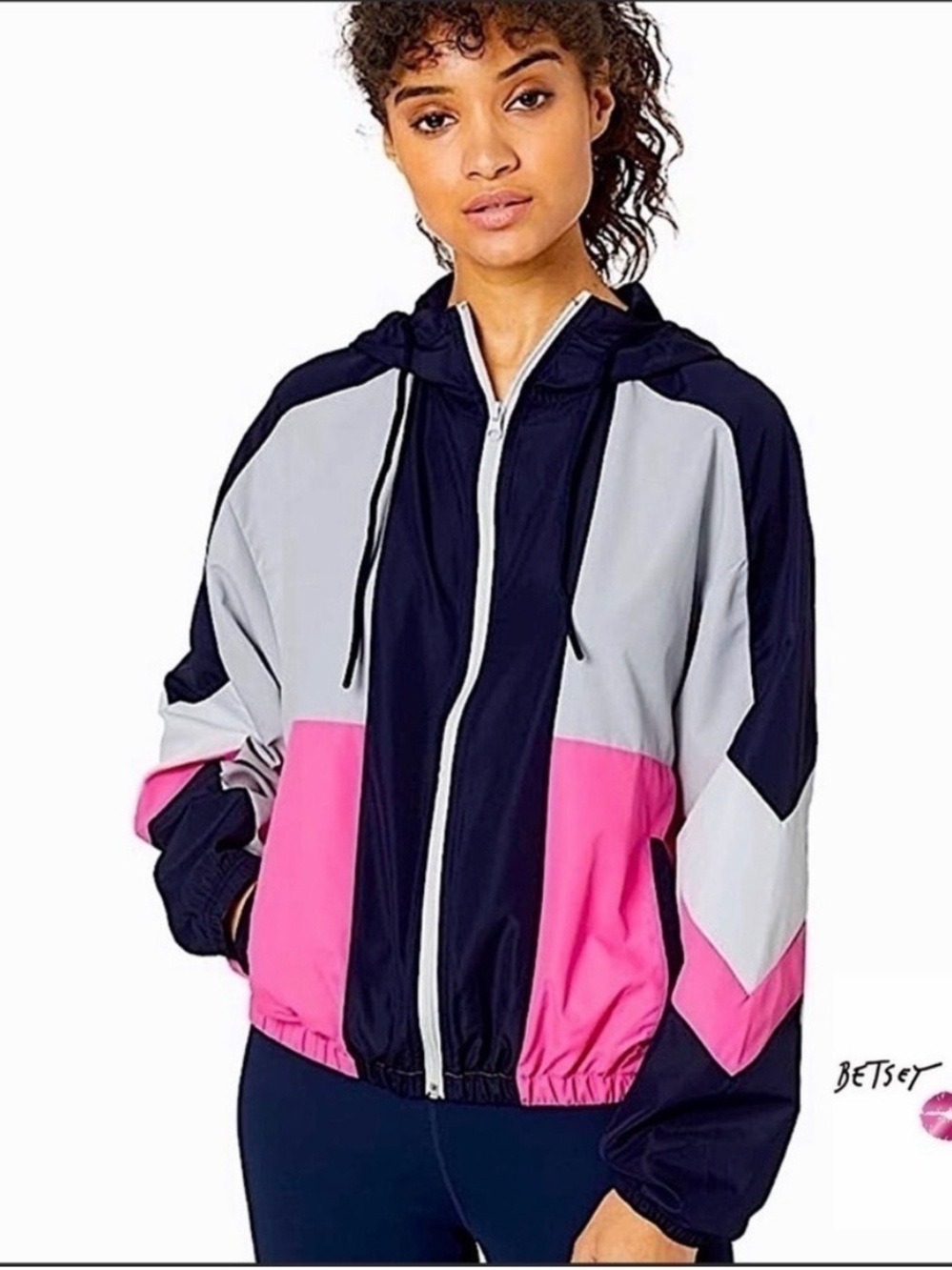 Betsey Johnson Pink, Black & Gray Colorblock Hooded Jacket Windbreaker
